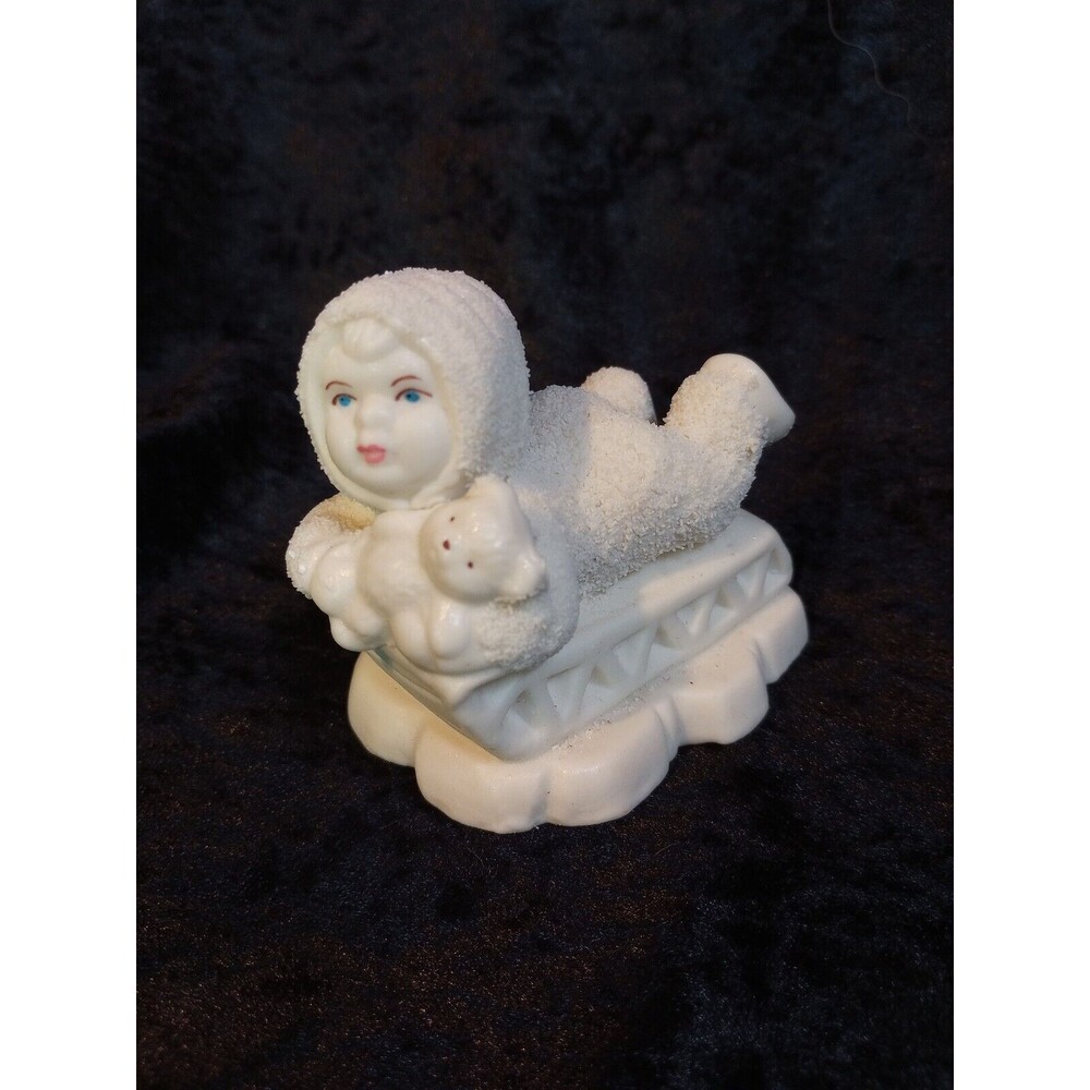 Vintage Snowbaby Riding on a Sled With Teddy Bear Department 56  Collectible